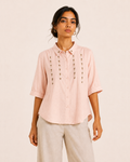 Blush Pink Collar Floral Embroidered Cotton Shirt