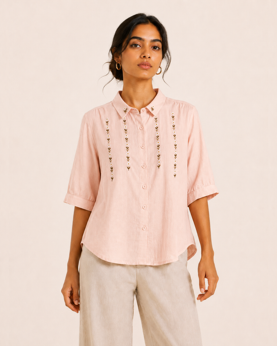Blush Pink Collar Floral Embroidered Cotton Shirt