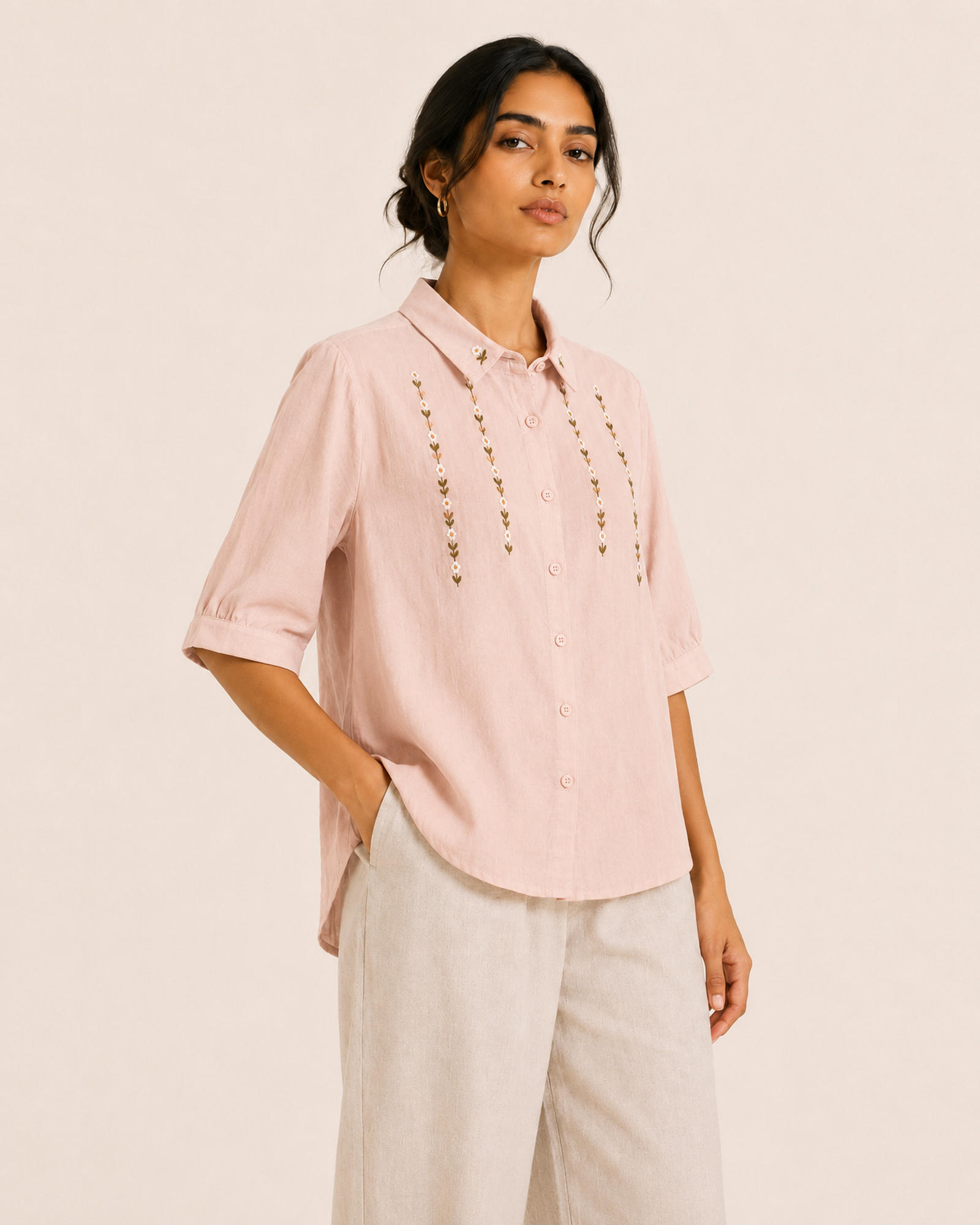 Blush Pink Collar Floral Embroidered Cotton Shirt