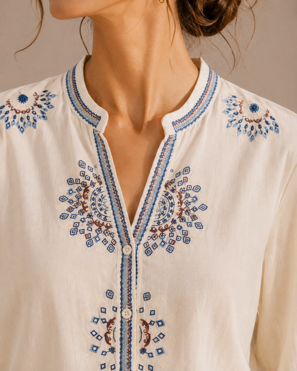 Close-up of the medallion embroidery around the neckline and front of the warm ivory white cotton shirt.
